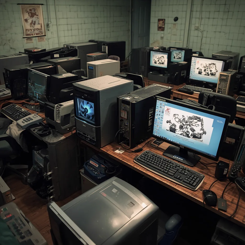 A cluttered desk of older towers and screens in a dim club corner