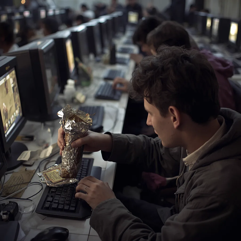A player unwrapping food beside a monitor in a busy computer club row