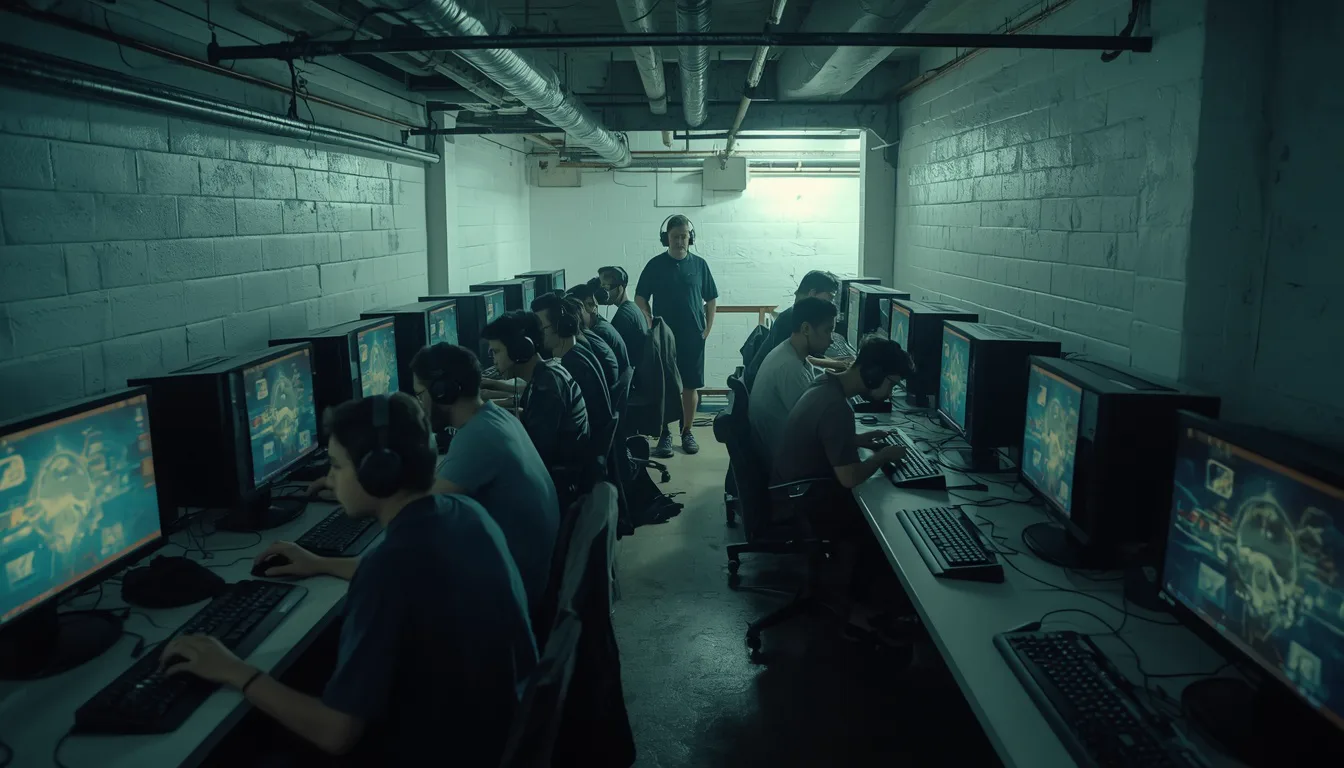 A crowded basement computer club, rows of screens glowing in the dark