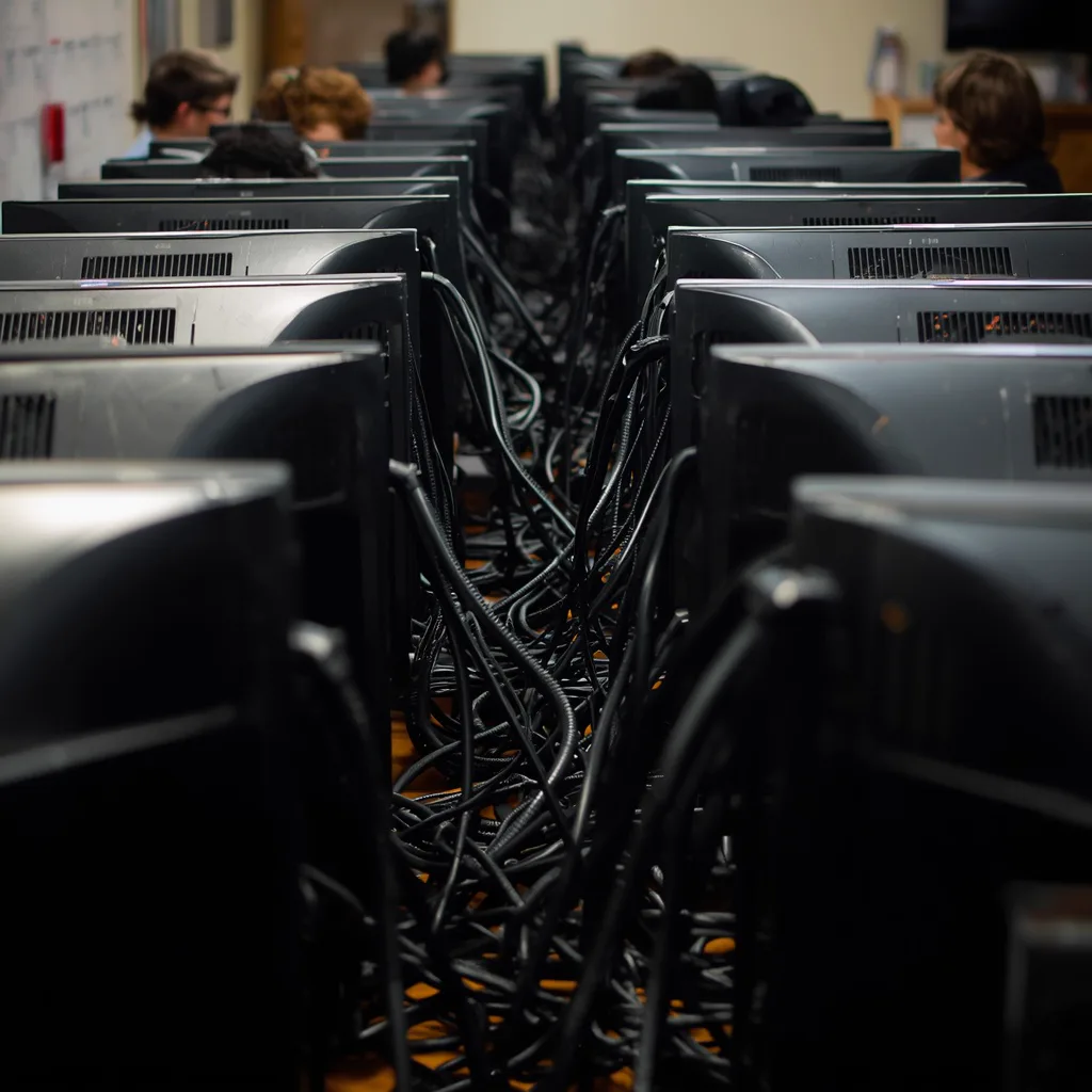 Rows of desks seen from behind in the Main hall of a computer club